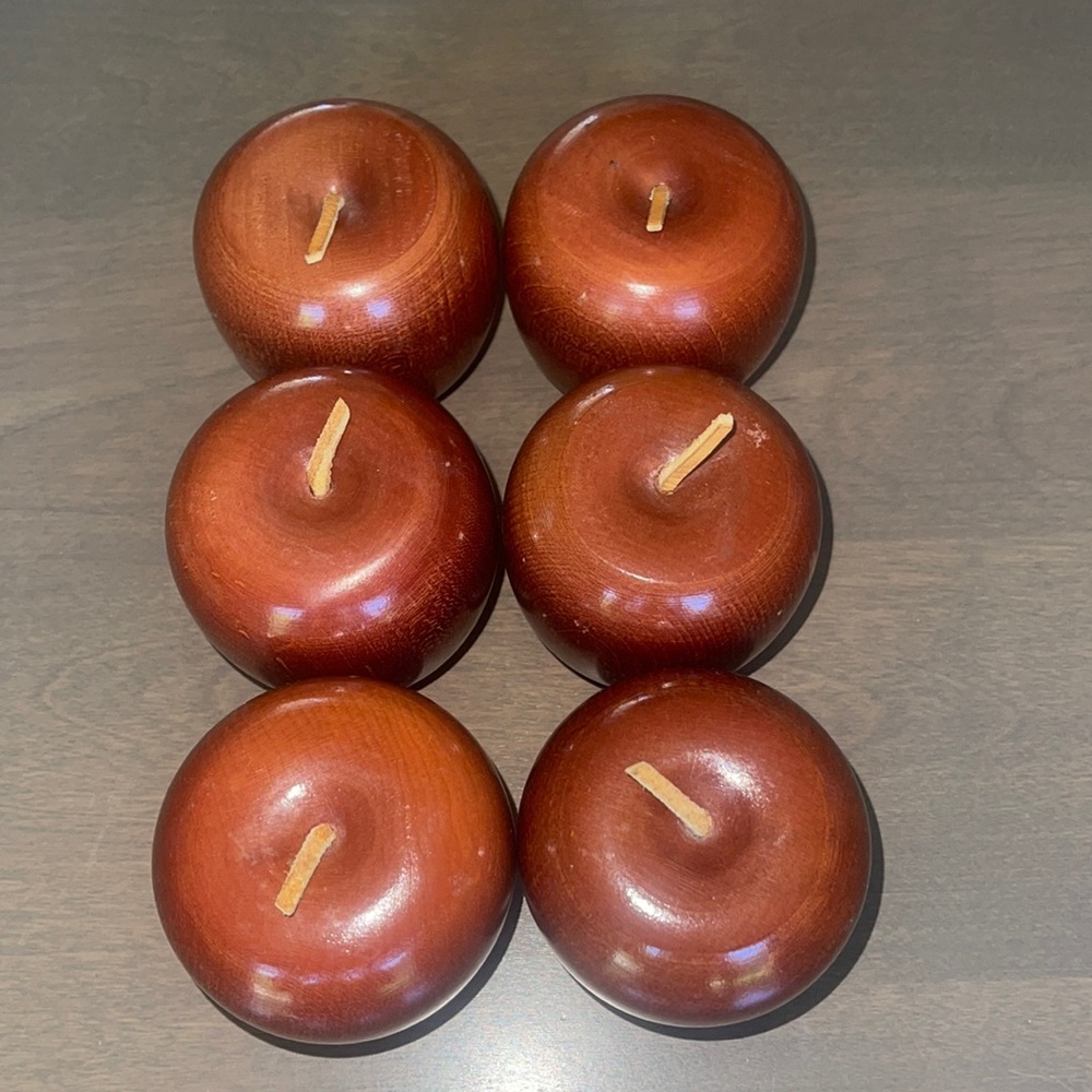 MCM SIX Beautiful Vintage Handmade Wooden Apples Leather Stem
